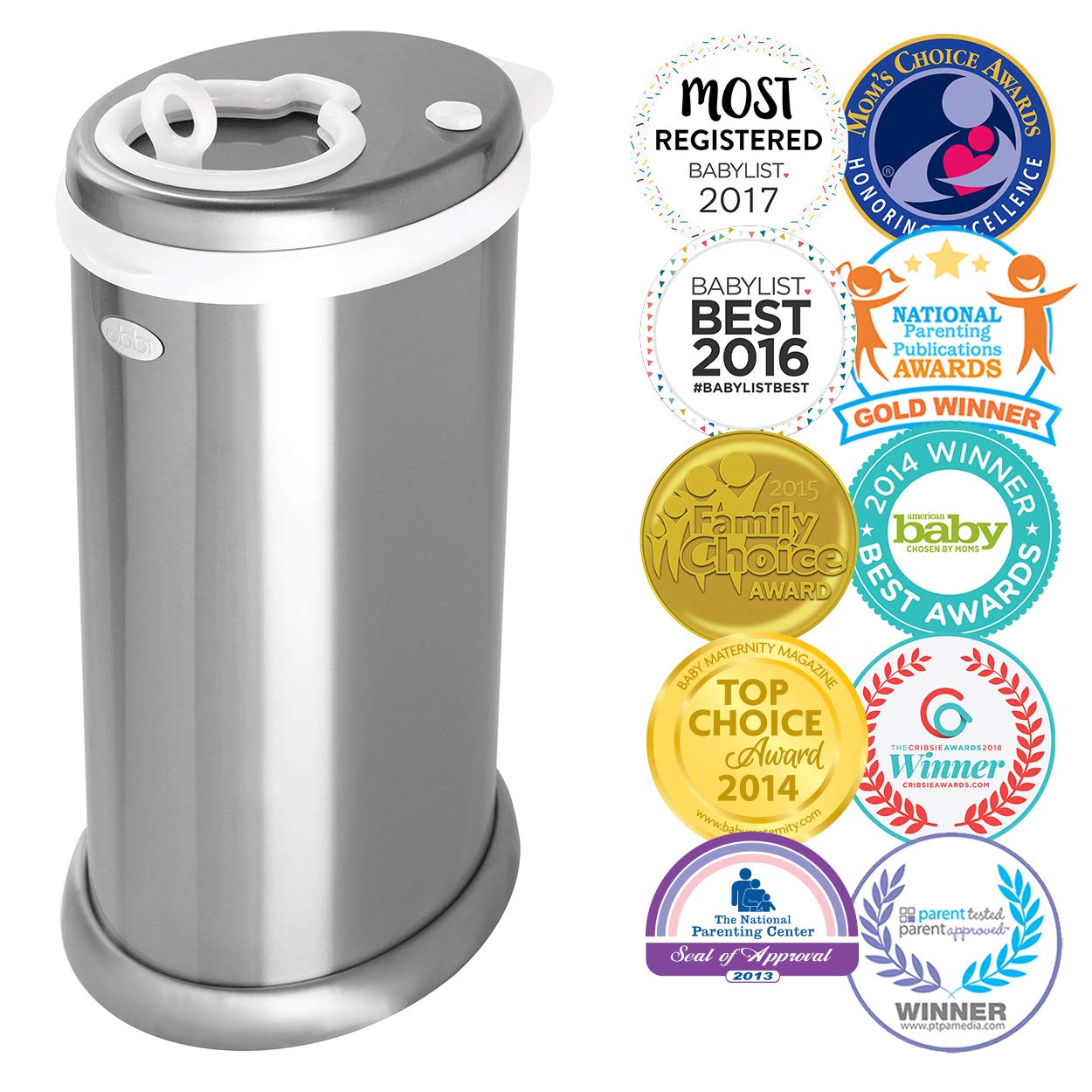 Ubbi Steel Diaper Pail, Odor Locking, No Special Bag Required, Award-Winning, Registry Must-Have, White