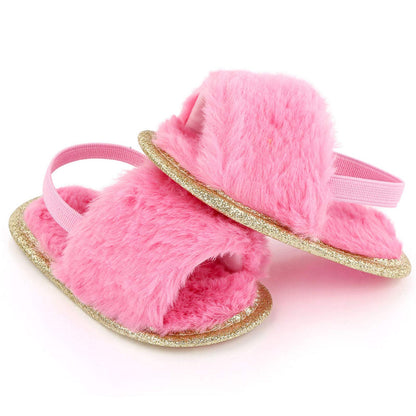 2 Pack Infant Baby Girls Sandals Elastic Back Strap Flats Slippers Soft Toddles Princess Shoes Faux Fur Slides Shoes First Walker House Shoes