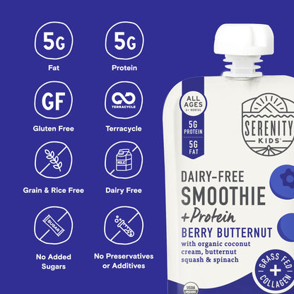 Serenity Kids 6+ Months Dairy-Free Smoothie Baby Food | USDA Organic | Grass Fed Collagen Protein | 3.5 Ounce BPA-Free Pouch | Berry Butternut | 12 Count
