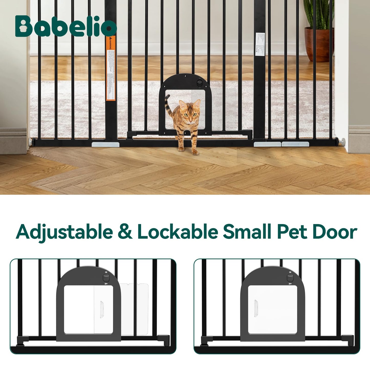 Babelio Upgraded Baby Gate with Cat Door, 29-43" Auto Close Durable Dog Gate for Stairs, Doorways and House, Easy Walk Thru Safety Gate with Pet Door Includes 4 Wall Cups, Black