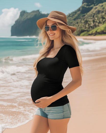 Huukeay 4 Pack Women's Maternity Shirts Cotton Ribbed Short Sleeve Square Neck Pregnancy Tops Side Ruched Summer Tee