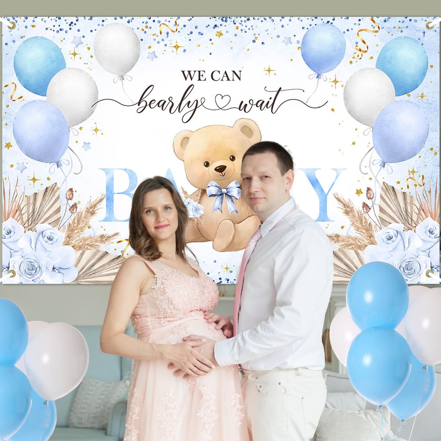 Blue Bear Baby Shower Backdrop 6x3.6 ft We Can Bearly Wait Banner for Boy Bear Baby Shower Decorations Newborn Photo Props Background