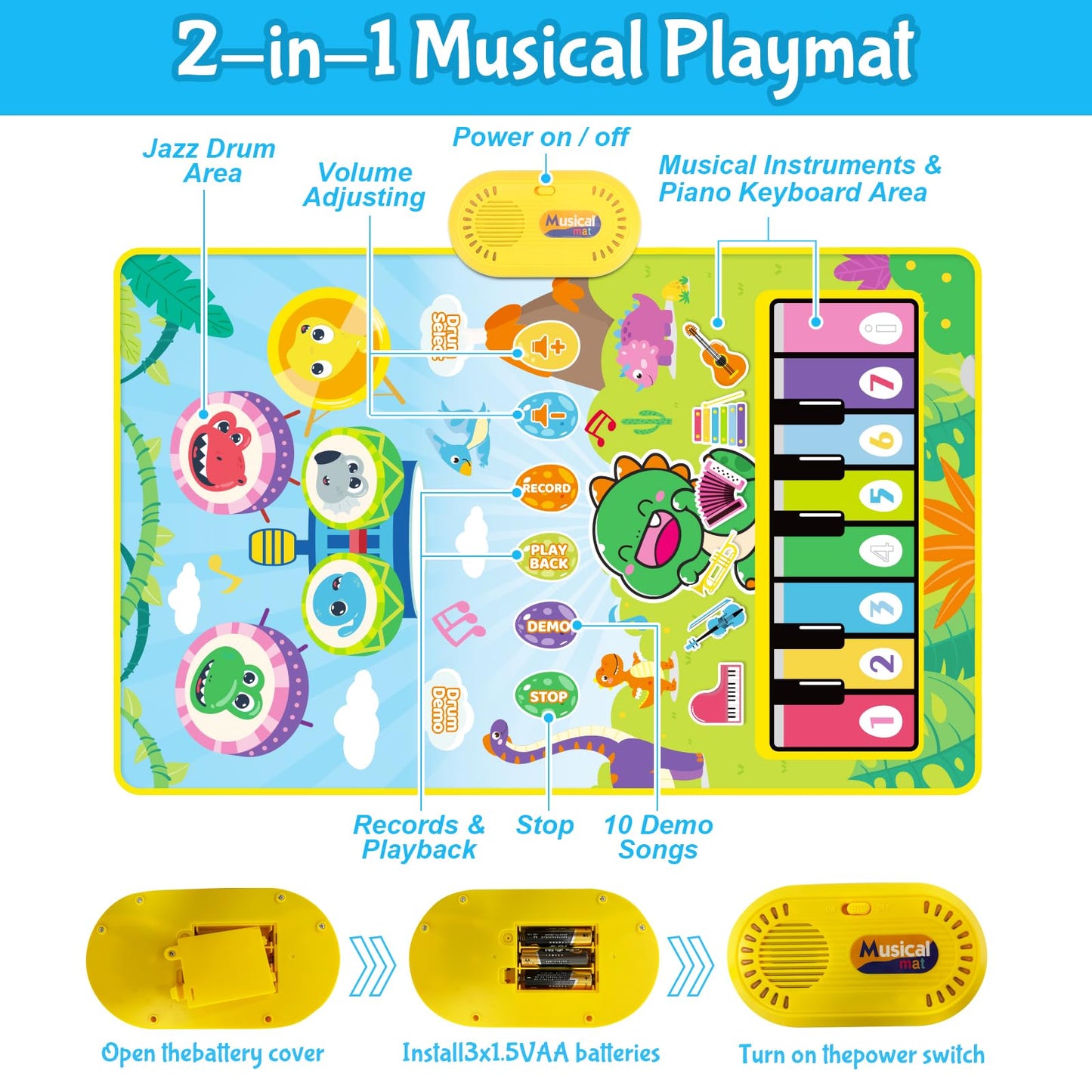 Baby Toys for 0-6 Months, Dinosaur Musical Mat Montessori Sensor Toys 1 Year Old，Easter Basket Stuffers Gifts for 2 3 4 Year Old Toddler Boys Girls