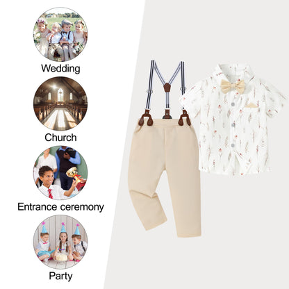 CARETOO Toddler Boy Clothes Suit Gentleman Wedding Outfits Kids Formal Dress Shirt Bowtie Long Suspender Pants Overalls 1-5T