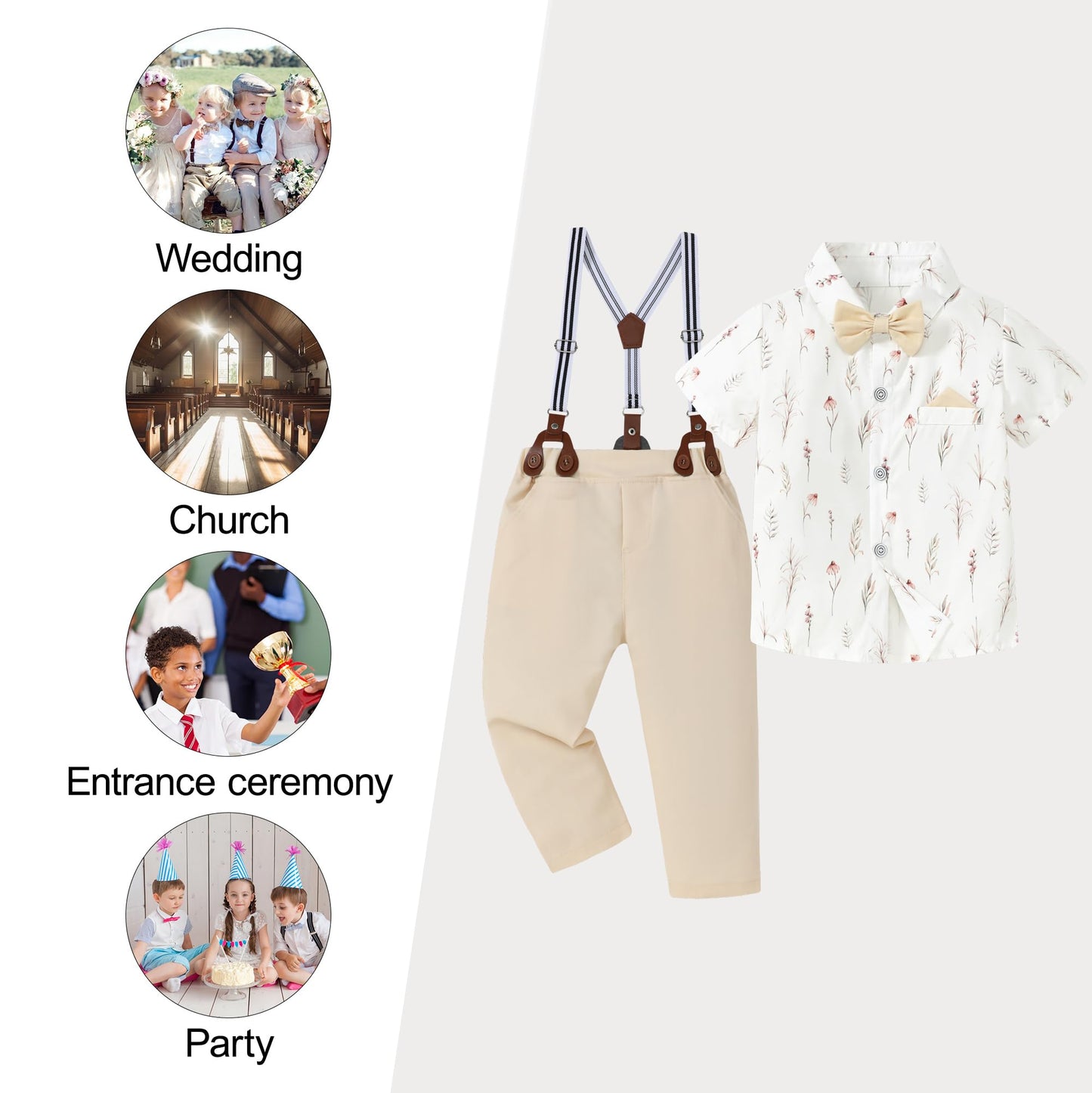 CARETOO Toddler Boy Clothes Suit Gentleman Wedding Outfits Kids Formal Dress Shirt Bowtie Long Suspender Pants Overalls 1-5T