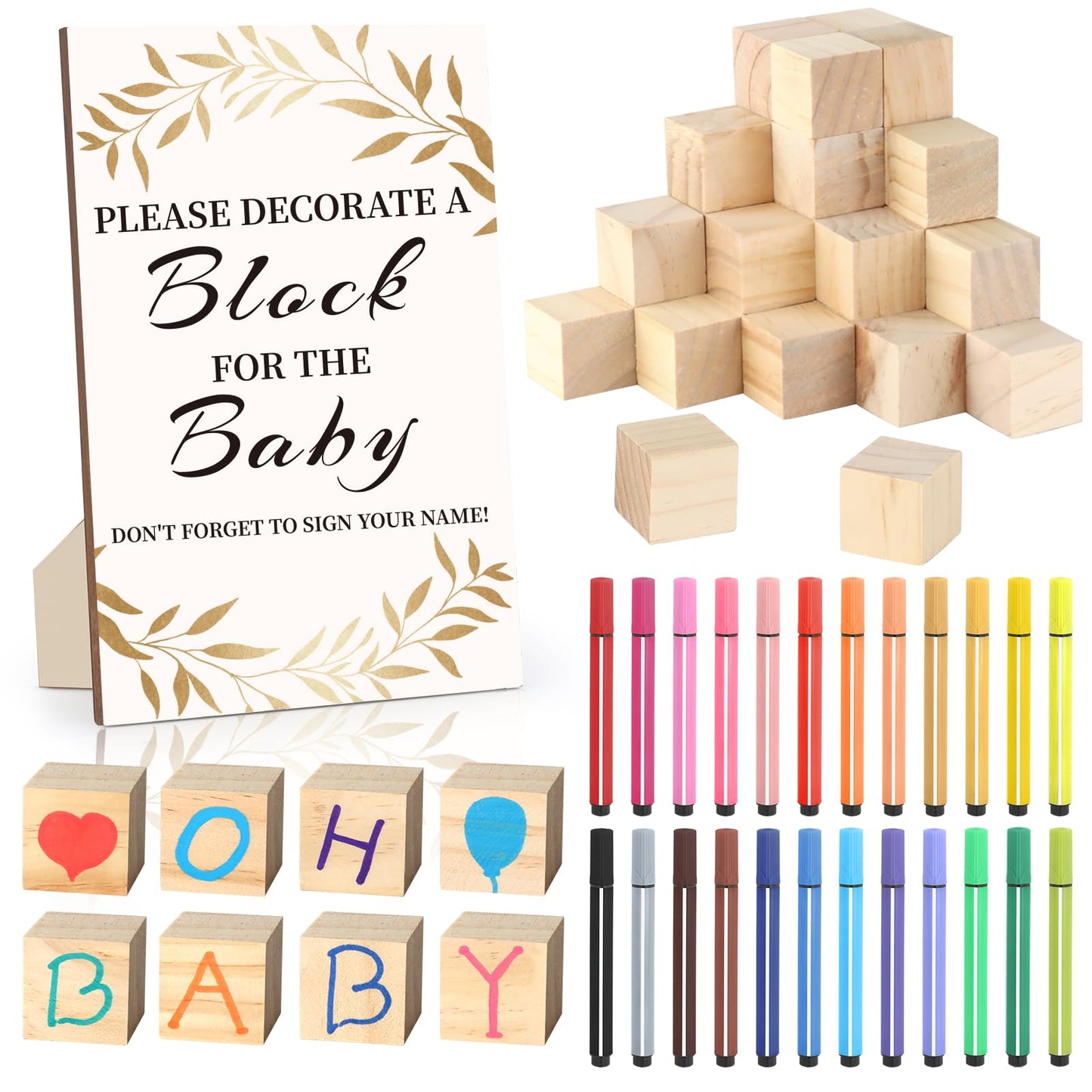 Baby Shower Games Sign Kit with 50 Blank Wooden Baby Blocks, 24 Acrylic Paint Marker and Wooden Sign, Blocks for Baby Shower, Gender Reveals Party(Green)