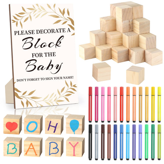 Baby Shower Games Sign Kit with 50 Blank Wooden Baby Blocks, 24 Acrylic Paint Marker and Wooden Sign, Blocks for Baby Shower, Gender Reveals Party(Green)