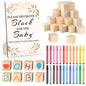 Baby Shower Games Sign Kit with 50 Blank Wooden Baby Blocks, 24 Acrylic Paint Marker and Wooden Sign, Blocks for Baby Shower, Gender Reveals Party(Green)