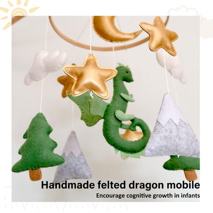 Dragon Baby Mobile, Forest Mobile for Crib, Crib Mobile for Boys and Girls, Nursery Mobile for Bassinet, Pack and Play, Moon, Green Dragon, Cloud, Star, Mountain, Tree