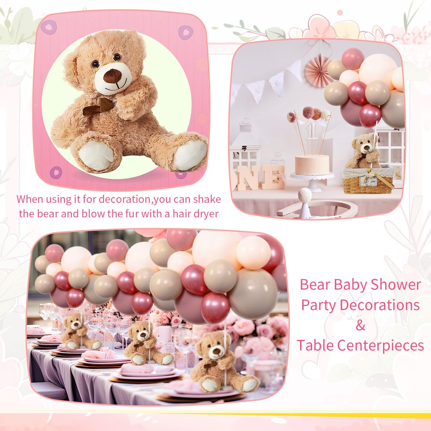 Meooeck 185 Pcs Bear Baby Shower Party Decorations Table Centerpieces 5 Pcs 13. 5'' Gender Reveal Bears 180 Balloons Kit Baby Shower Table Decor for Birthday Wedding(Green, Brown, Nude, White)