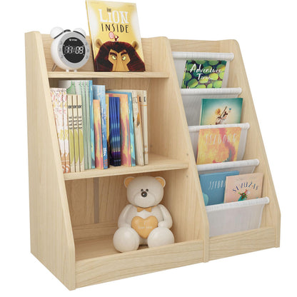 White Kids Bookshelf Wood Toy Storage Organizer Cabinet Children Bookcase Toddler Baby Sling Book Rack 3 Cube Bins Fabric Drawers for Playroom Bedroom Nursery School