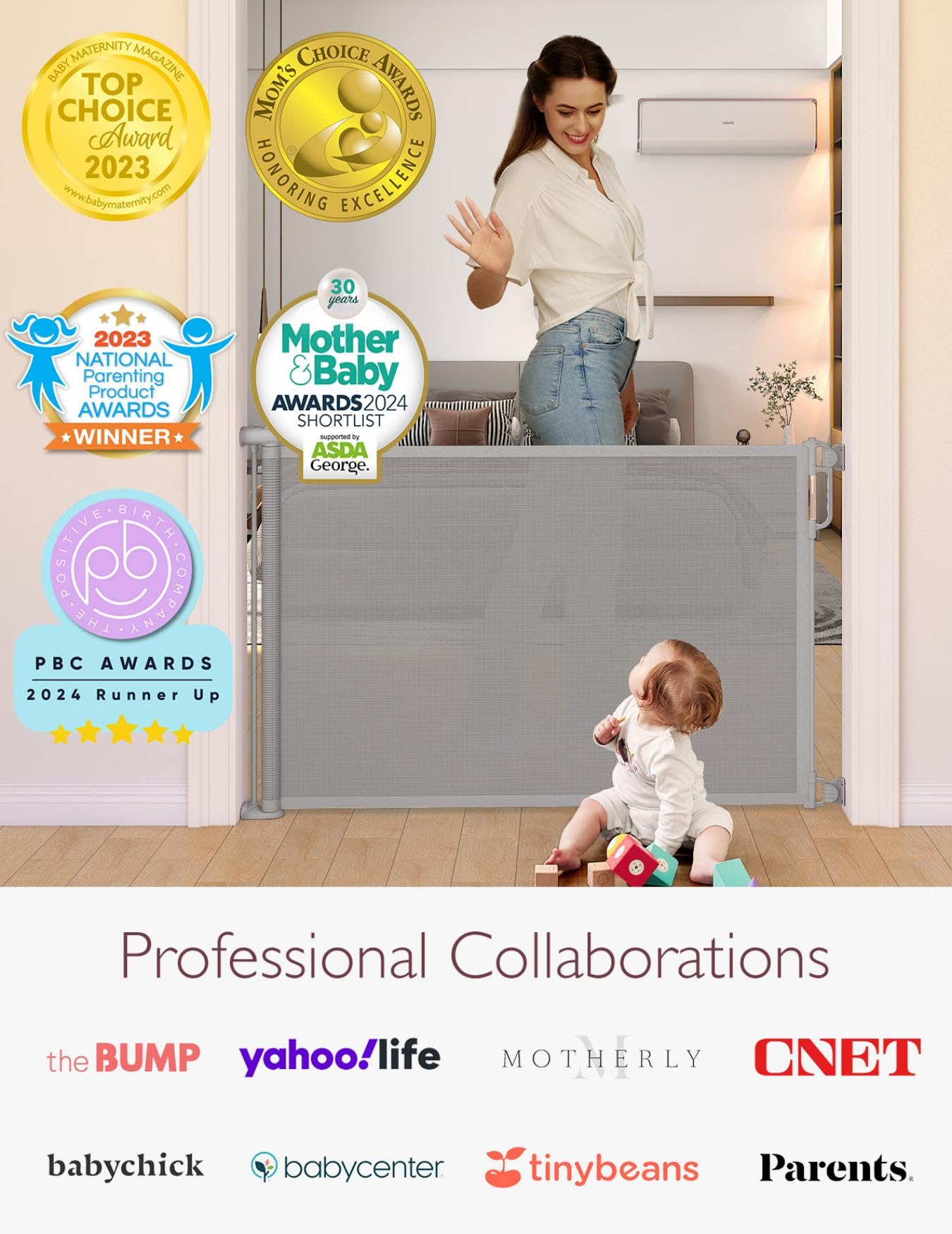 Momcozy Retractable Baby Gate, 33" Tall, Extends up to 55" Wide, Child Safety Baby Gates for Stairs, Doorways, Hallways, Indoor, Outdoor
