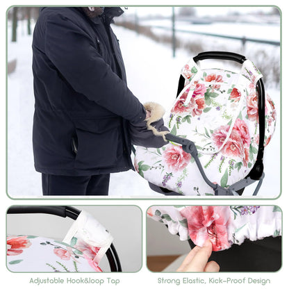 Pea Pod Car Seat Cover Baby, Infant Car Seat Canopy Covers for Newborn with 2 Layers Windows of Breathable Mesh Fabric, Lightweight Polyester/Soft Minky Dot Backing (Floral & Rainbow)
