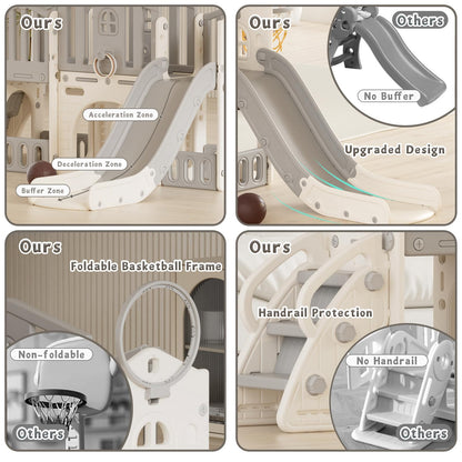 KORIMEFA 8 in 1 Toddler Slide Set, Kids Slide for Toddlers Age 1-3, Toddler Climber PlaySet with Basketball Hoop and Ball, Outdoor Indoor Kids Playground for Toddlers 1-3, Beige