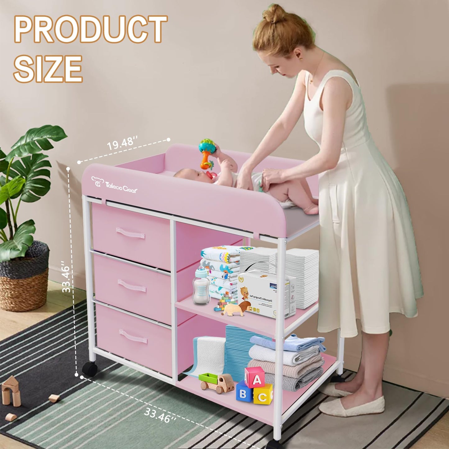 G TALECO GEAR Baby Changing Table, Portable Changing Table, Diaper Changing Station with Waterproof Pad, Changing Table Dresser with 3 Storage Baskets, Mobile Nursery Organizer for Newborn Essentials