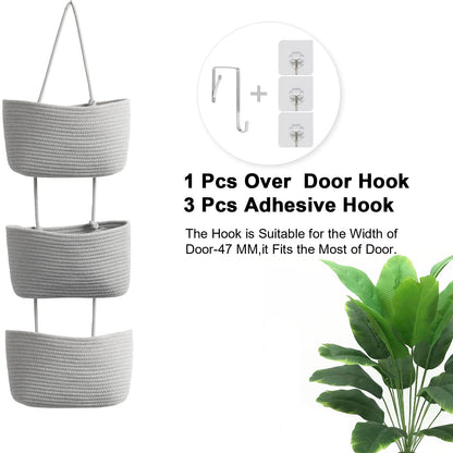 TeoKJ Over the Door Hanging Basket, 3-Tier Woven Cotton Wall-Mounted Storage Organizer Bag Decorative Hanging Nursery Baskets - Jute