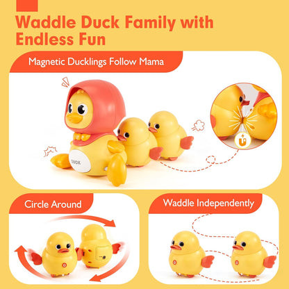 hahaland Crawling Baby Toys 6-12 Months - 3 PCS Musical Mother Duck and Ducklings Toy - Tummy Time Toys Moving Developmental 7 8 9 10 Month Old Toy Must Haves - Shower Gifts Dancing Duck for Babies