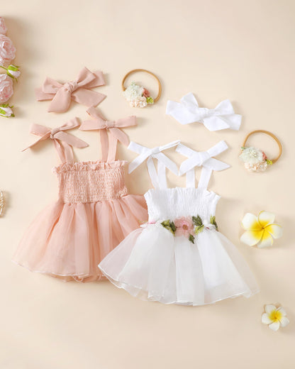 Renotemy Baby Girl Tulle Dress Sleeveless Romper Smocked Halter 1st Birthday Clothes Cake Smash Outfits with Flower Headband