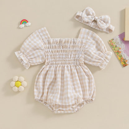 Infant Baby Girls Romper Ruffle Sleeve Pleated Smocked Bubble Plaid One Piece Ruched Jumpsuit Summer Bodysuit