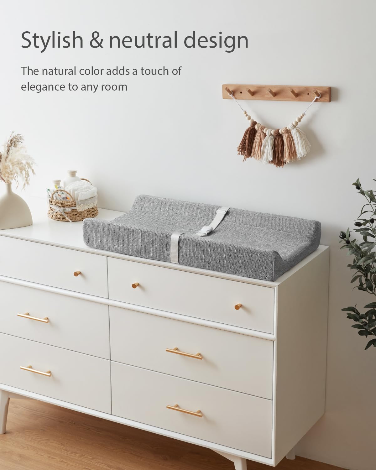 Blissful Diary Baby Changing Pad with Waterproof Lining Foam, Includes a Soft & Washable Cover, Contoured Changing Table Pads for Dresser Top with Non-Slip Bottom, 32”×16” (Grey, Avocado)