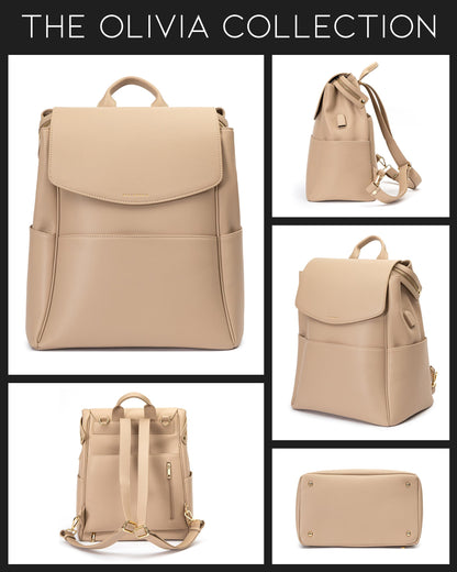 Leather Diaper Bag Backpack with USB Charging port, Changing Pad, Stroller Straps, and Bottle Holder (Brown Olivia)
