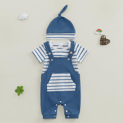 Newborn Baby Boy Summer Clothes Stripe Short Sleeve Romper Suspender Pants Hat 3Pcs Set Cute Coming Home Outfit
