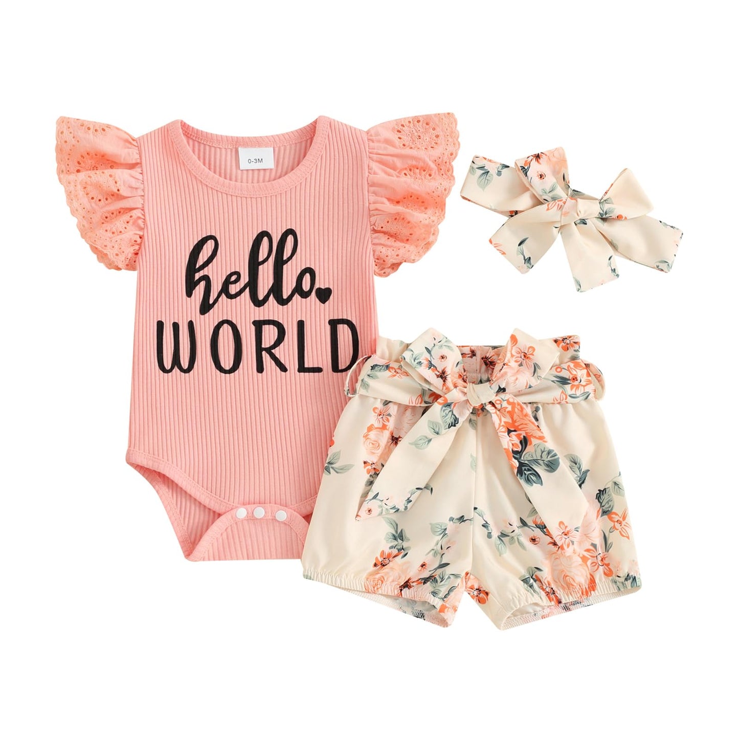 Hello World Newborn Outfit Baby Girl Going Home Outfit Ruffle Ribbed Romper Top Floral Pants Set Cute Summer Clothes