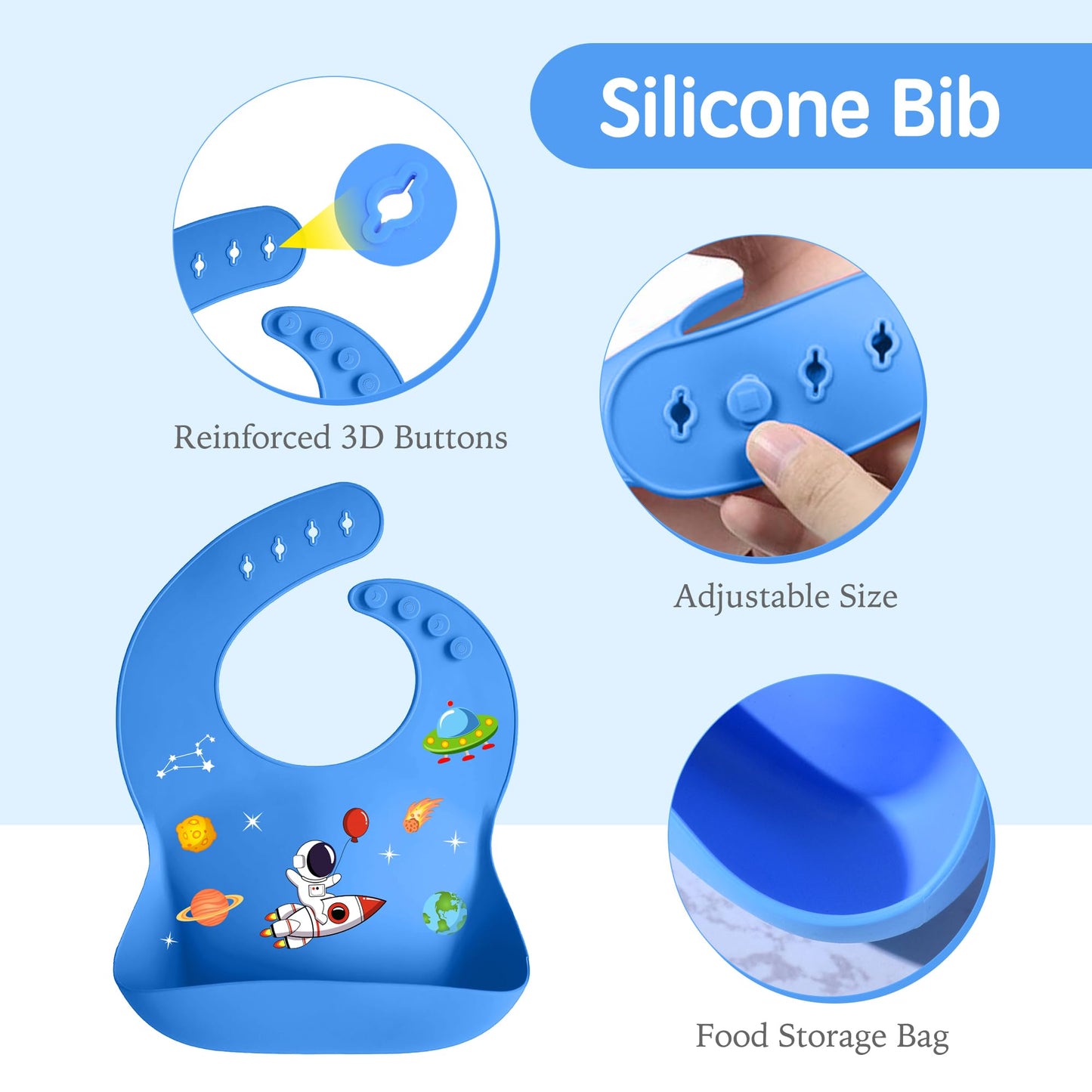8 PCS Silicone Baby Feeding Set, Astronaut Theme, Spoons, Fork, Silicone Bibs, Baby Sippy Cups, Plate Bowl Set Baby Eating Essentials Led Weaning Toddler (Blue)