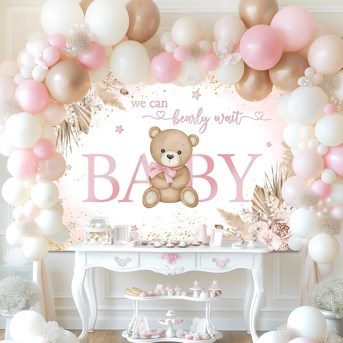 Mocsicka Girl Bear Backdrop Pink Boho Pampas Grass Background We Can Bearly Wait Baby Shower Party Cake Table Decoration Photo Booth Props (7x5ft)