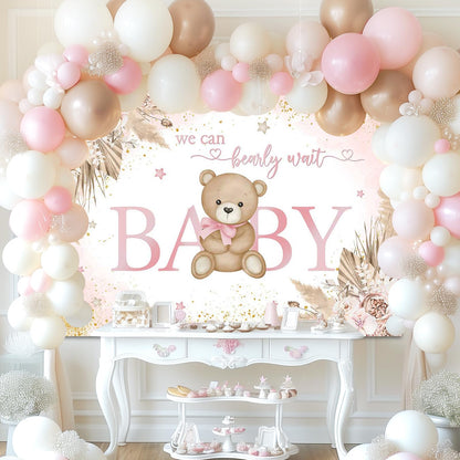 Mocsicka Girl Bear Backdrop Pink Boho Pampas Grass Background We Can Bearly Wait Baby Shower Party Cake Table Decoration Photo Booth Props (7x5ft)