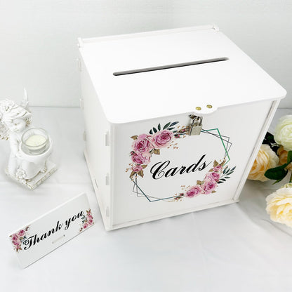 White Wedding Card Box with Lock, Gift Wedding Card Boxes for Reception Money Holder with Rose Sign for Wedding Decorations, Baby Showers, Birthdays, Bridal or Graduation Party Supplies