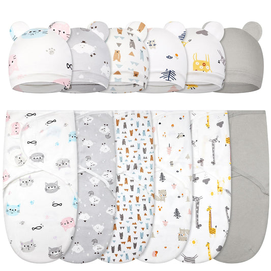 Ramede 6 Pack Baby Swaddle Blanket with Hats Sleep Swaddle for 0-3 Months Newborn Sacks Soft Cotton Wearable for Boy Girl