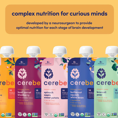 Cerebelly Organic Baby Food Pouches Variety Pack – Organic Veggie Purees for Toddlers | No Added Sugar, Fiber, Non-GMO | Blended Toddler Pouches | 4 Ounce BPA-Free Pouch | 4 Flavors | 8 Count