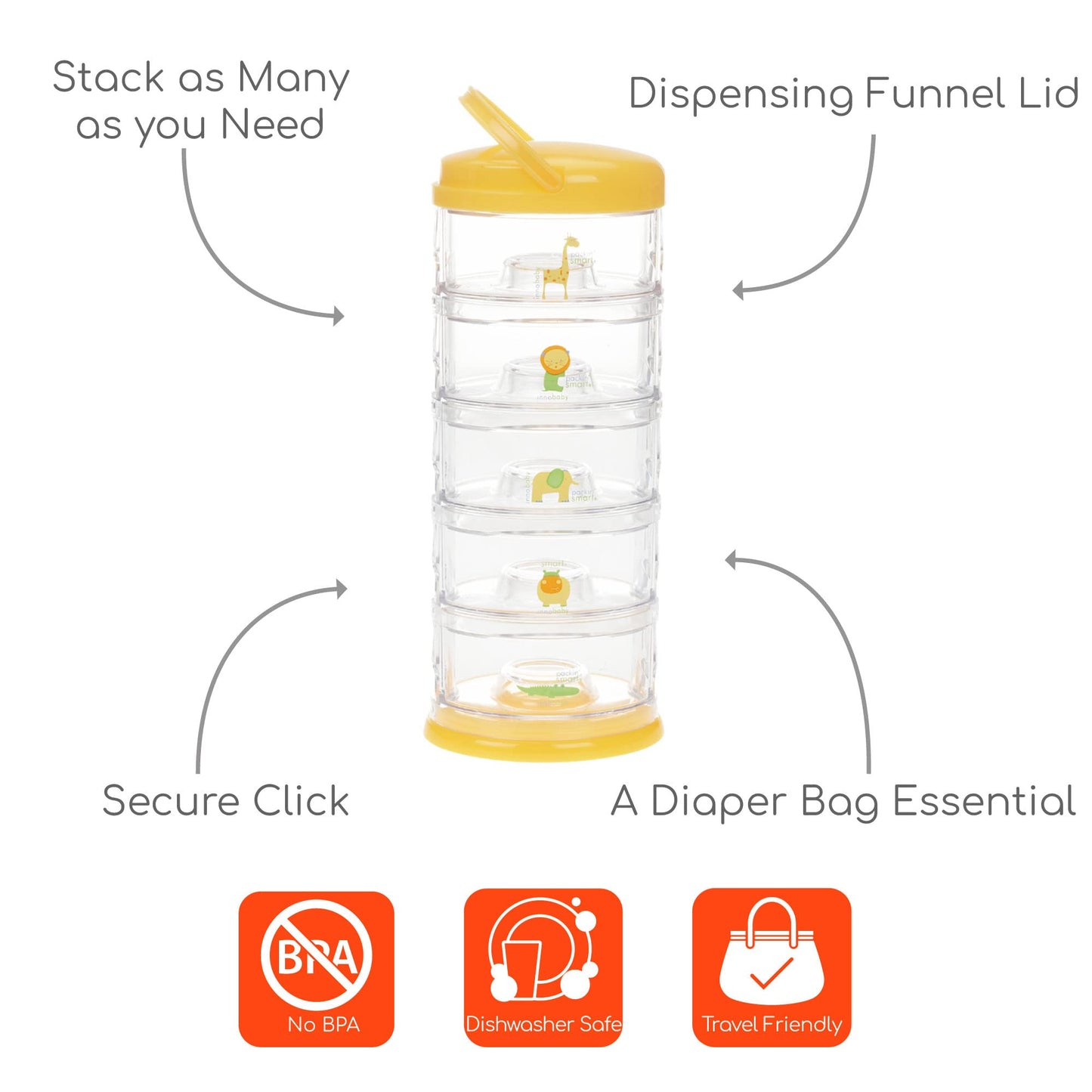Innobaby Packin' Smart Stackable and Portable Storage System for Formula, Baby Snacks and More. 5 Stackable Cups in Lime Sorbet. BPA Free.