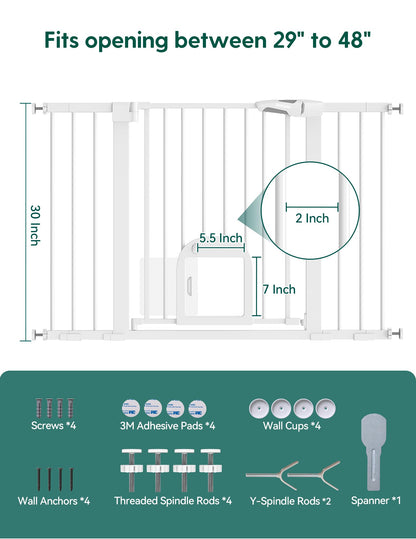 Babelio Upgraded Baby Gate with Cat Door, 29-43" Auto Close Durable Dog Gate for Stairs, Doorways and House, Easy Walk Thru Safety Gate with Pet Door Includes 4 Wall Cups, Black