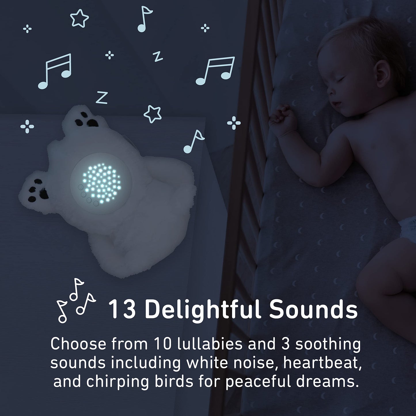 PureBaby Sound Sleepers Portable Sound Machine & Star Projector - Plush Sleep Aid for Baby and Toddlers with Soothing Night Light Display, 10 Lullabies, White Noise, and Heartbeat Sounds (Unicorn)