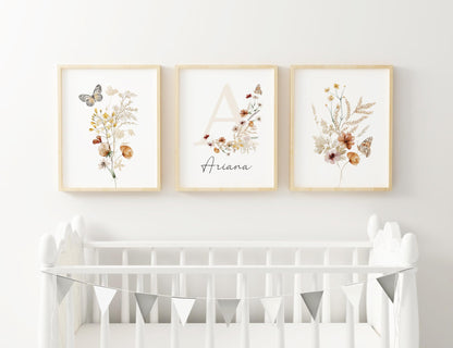Personalized Wildflower Nursery Prints, Custom Floral Name Wall Art, Baby Girl Initial Monogram Posters, Boho Watercolor Wild Flower Artwork - Unframed (Autumn Meadow, 8x10)