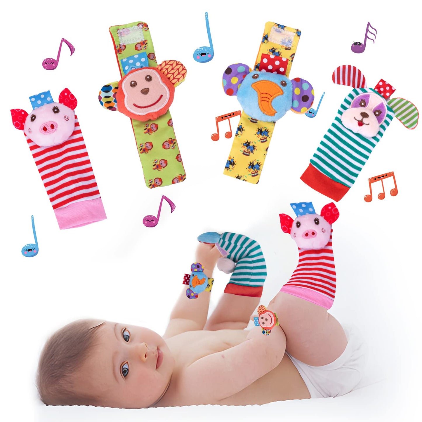 Baby Wrist Rattle Socks and Foot Finder Set Baby Rattles Toys for 0-12 Month, Infant Girl Boy Toys for Babies 3-6 Months, Newborn Hand & Foot Toys for 0 to 9 Months, Baby Easter Gifts