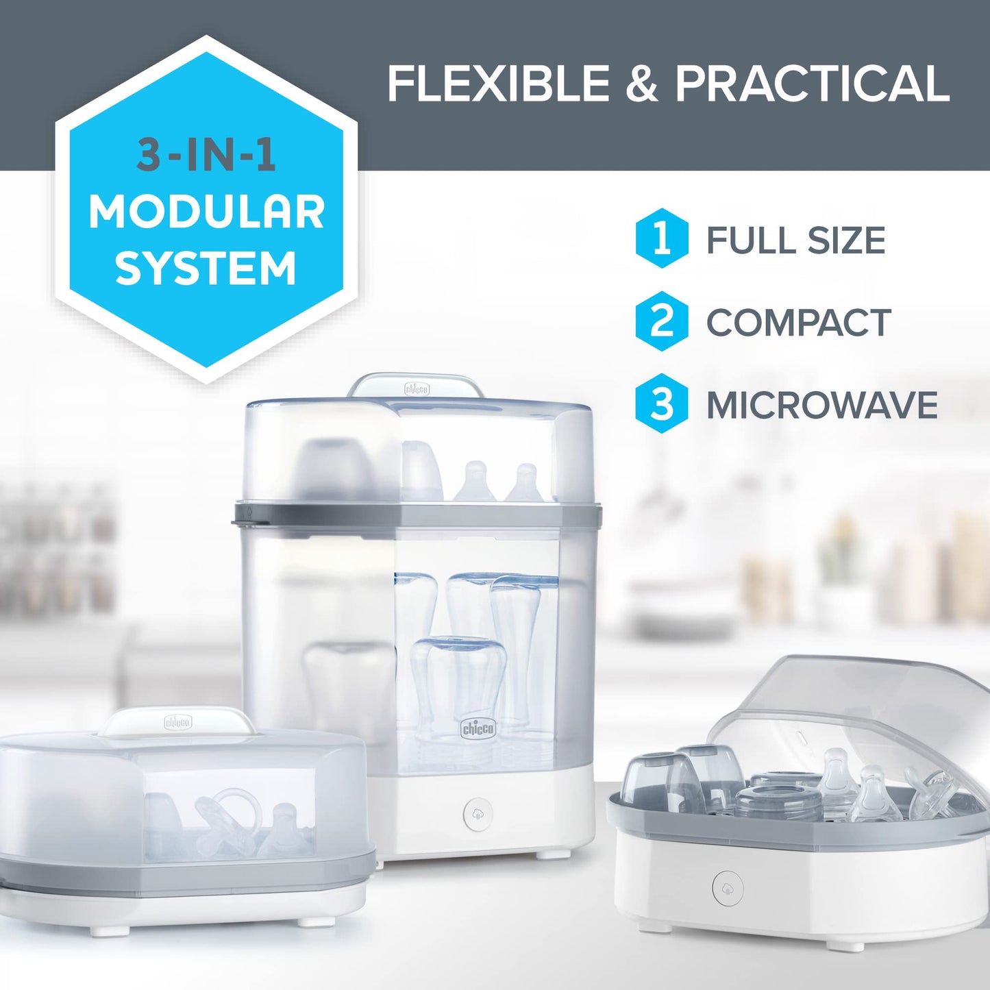 Chicco Advanced Electric Steam Sterilizer & Dryer for Baby Bottles, Feeding Accessories and More | Eliminates 99.9% of Germs | 4 Programming Options | 2 Configurations | Automatic Shut-Off