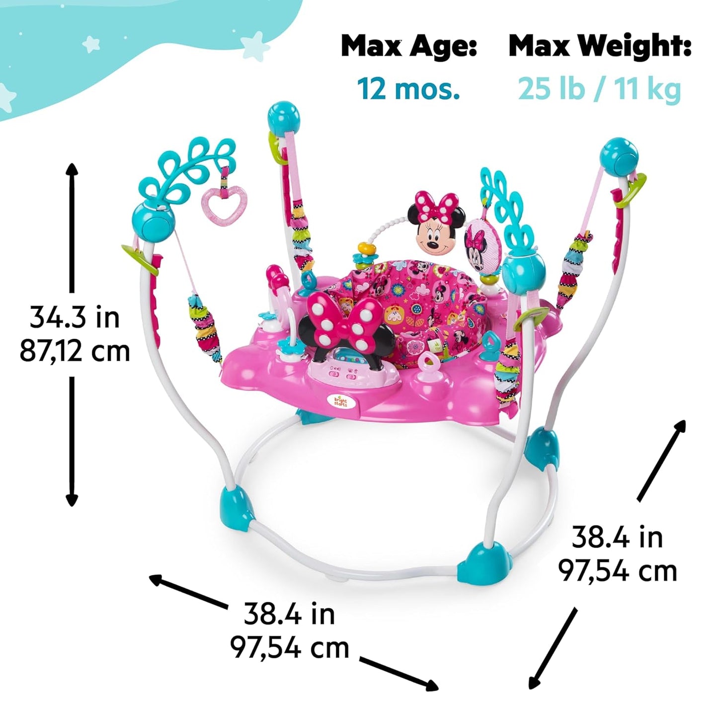 Bright Starts Disney Baby MINNIE MOUSE PeekABoo Baby Activity Center Jumper with 8 Toys, Lights & Sounds, 360-Degree Seat, 6-12 Months (Pink/Blue)