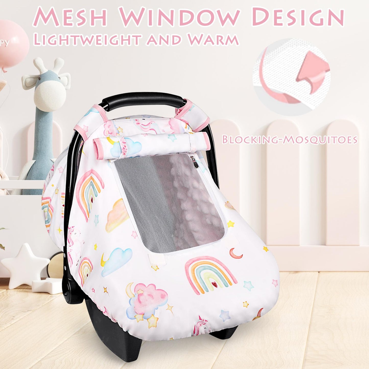 Pea Pod Car Seat Cover Baby, Infant Car Seat Canopy Covers for Newborn with 2 Layers Windows of Breathable Mesh Fabric, Lightweight Polyester/Soft Minky Dot Backing (Floral & Rainbow)
