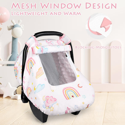 Pea Pod Car Seat Cover Baby, Infant Car Seat Canopy Covers for Newborn with 2 Layers Windows of Breathable Mesh Fabric, Lightweight Polyester/Soft Minky Dot Backing (Floral & Rainbow)
