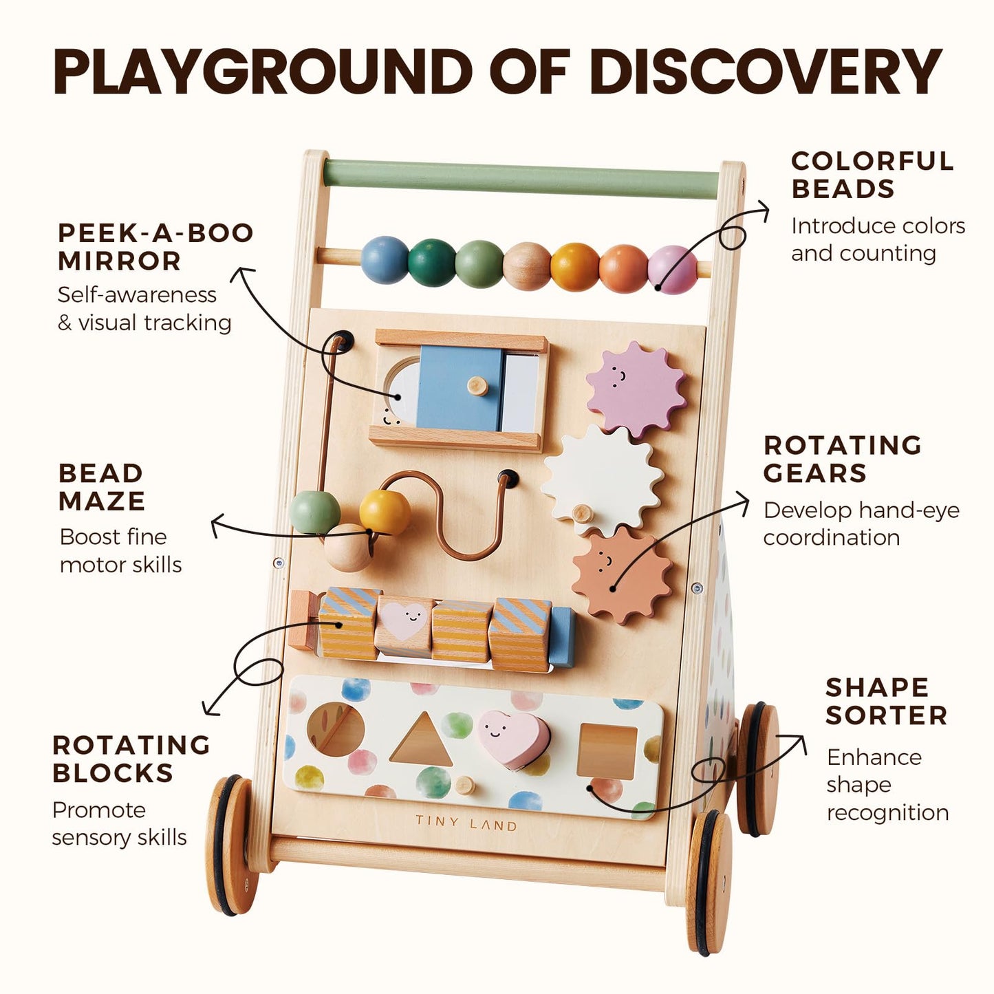 Tiny Land Wooden Baby Walker, Baby Push Walker, Montessori Walker Toy, Adjustable Speed Baby Walker for Boys and Girls, Baby Activity Center, Push Toys for Kids Development