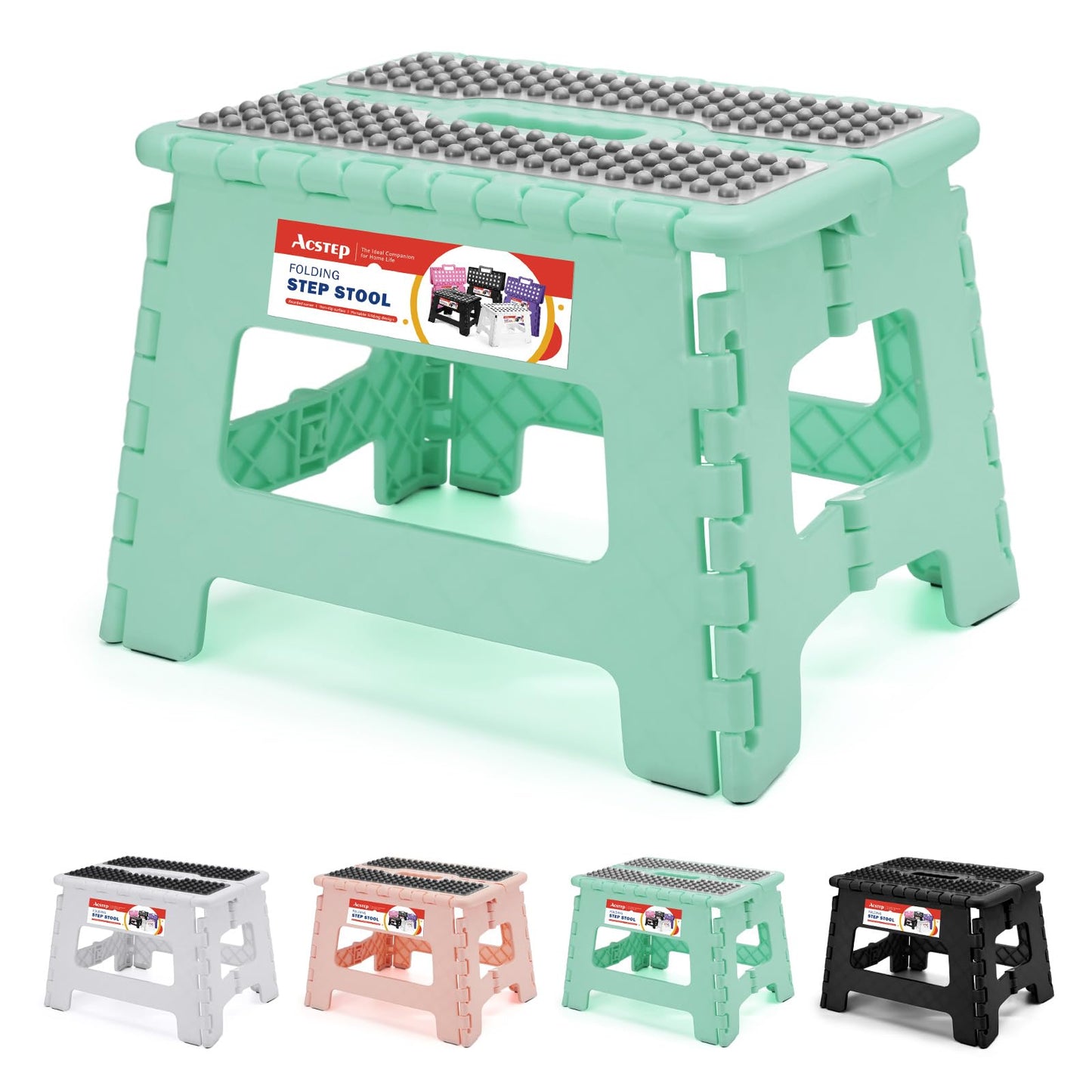 ACSTEP Folding Step Stool 9'' Tall Kids Step Stool Holds Up to 300 lb Plastic Foldable Step Stools for Kids Non-Slip Surface with Carry Handle Collapsible Stool for Home, Outdoor and Indoor(Black)