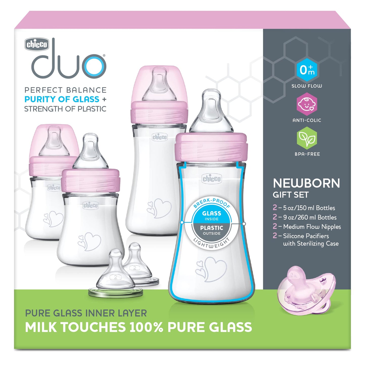 Chicco Duo 5oz. Hybrid Baby Bottle with Invinci-Glass Inside and Plastic Outside | Dishwasher, Bottle Warmer, and Electric Sterilizer Safe | Intui-Latch Nipple | Clear/Grey, 2pk