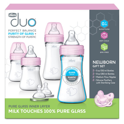 Chicco Duo 5oz. Hybrid Baby Bottle with Invinci-Glass Inside and Plastic Outside | Dishwasher, Bottle Warmer, and Electric Sterilizer Safe | Intui-Latch Nipple | Clear/Grey, 2pk