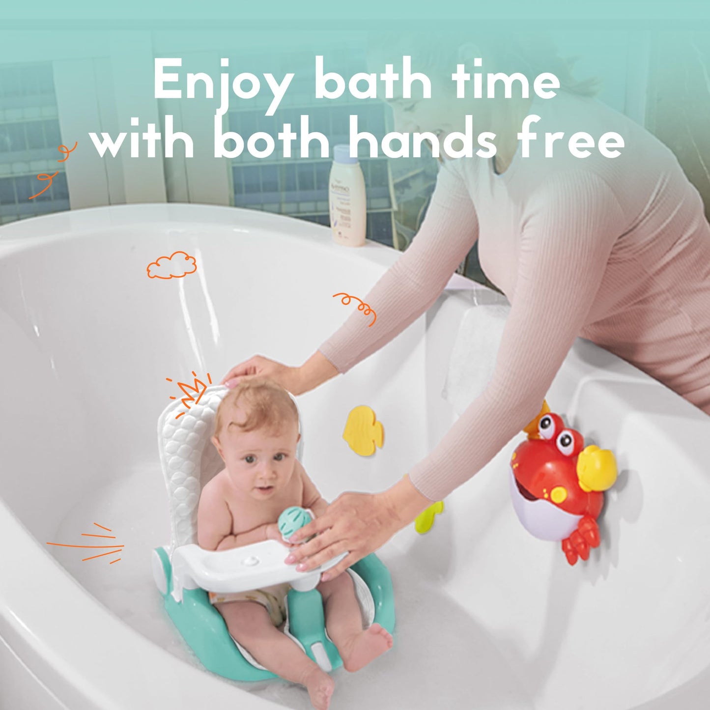 BabyBond Baby Bath Seat with Sitting & Lying 2 Modes, 3-Speed Adjustment, Powerful Suction Cups, Infant Bathtub Chair with Soft and Comfortable Towel, Folding and Hanging