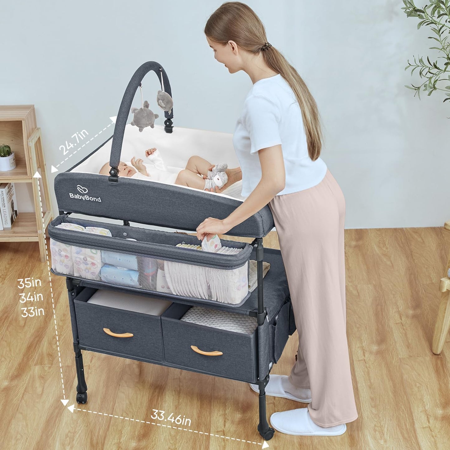 BabyBond Portable Baby Changing Table with 2 Storage Baskets, Foldable Changing Table Dresser Waterproof Diaper Changing Table Height Adjustable Changing Station for Infant and Newborn(Beige)