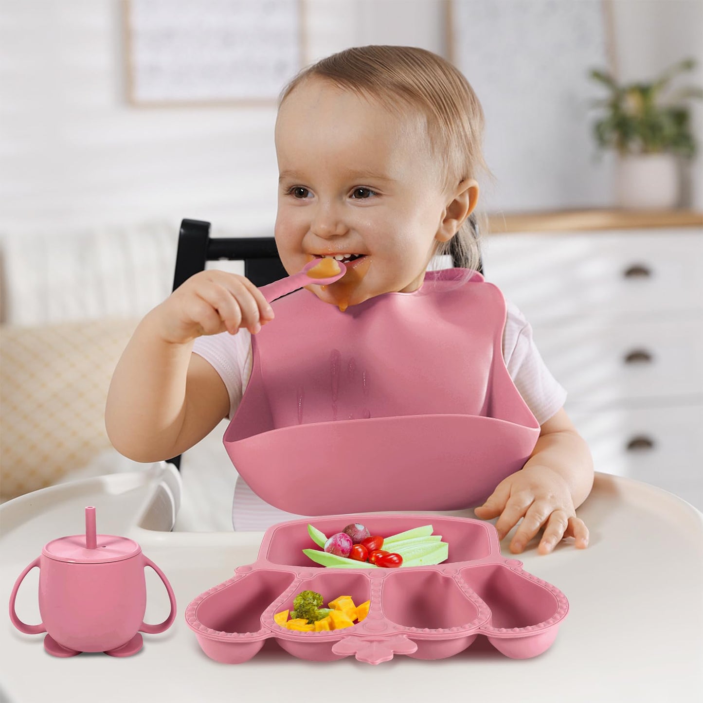 Silicone Baby Feeding Set 10 Pcs Baby Led Weaning Supplies Suction Bowl Divided Plate Baby Bibs Fruit Feeder Baby Spoons Forks Sippy Cup Toddler Utensil Sets Baby Essentials for Newborn Gift