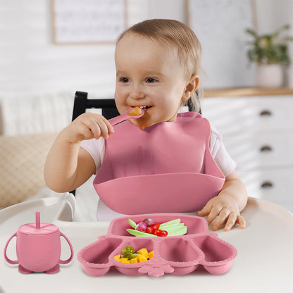 Silicone Baby Feeding Set 10 Pcs Baby Led Weaning Supplies Suction Bowl Divided Plate Baby Bibs Fruit Feeder Baby Spoons Forks Sippy Cup Toddler Utensil Sets Baby Essentials for Newborn Gift